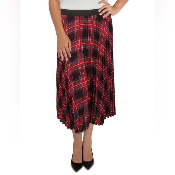 New CECE Black Red Plaid Pleated Midi Skirt Elastic Waist Pull On Tartan Size 2X - Picture 1 of 10